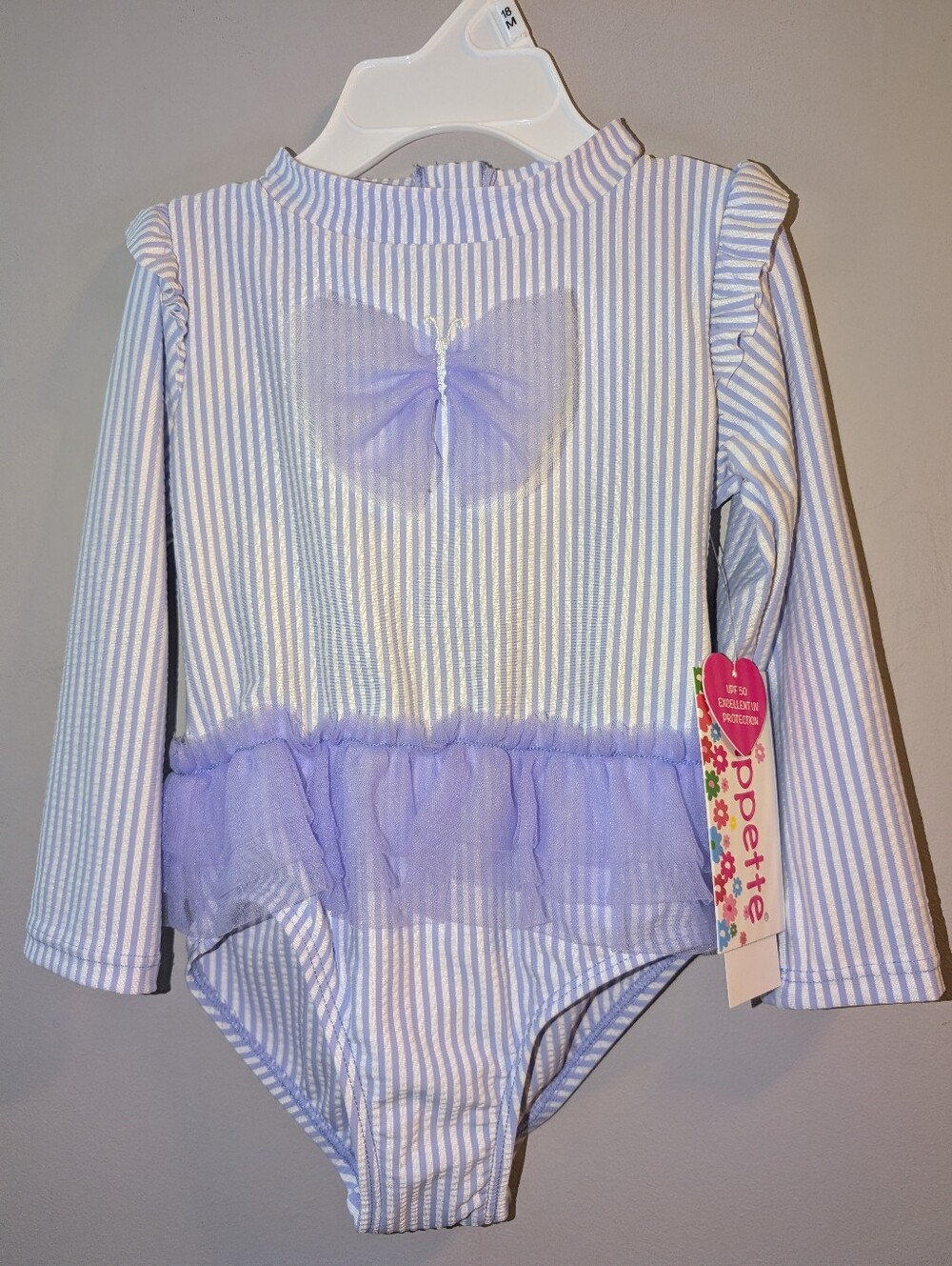 🆕 Toddlers Lavender Striped One-Piece Swimsuit Rashguard Bathing Suit Tulle Bow